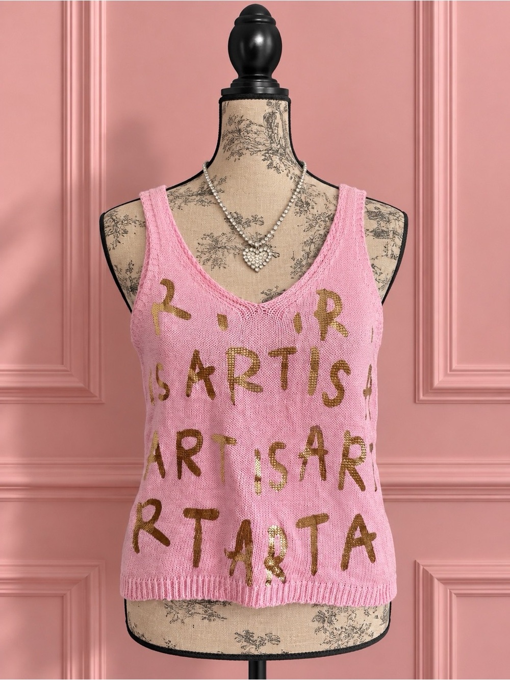 Y2K Pink Knit Tank Top with Gold Text